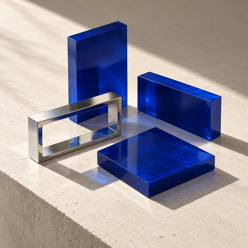 Cobalt-blue architectural forms and a polished silver frame arranged as a design study