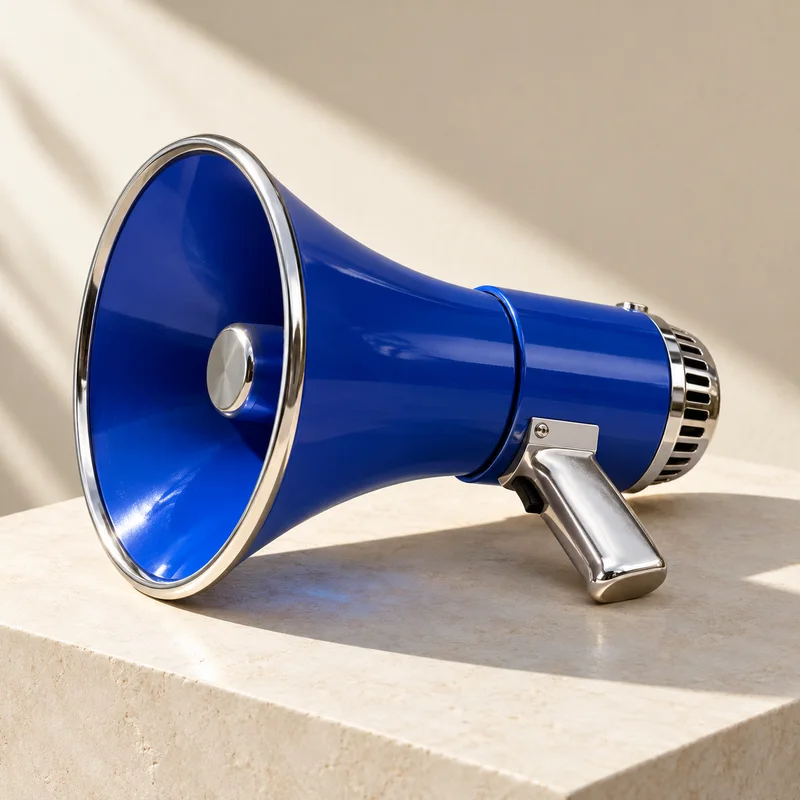 A cobalt-blue and chrome megaphone on an ivory plinth, representing communication