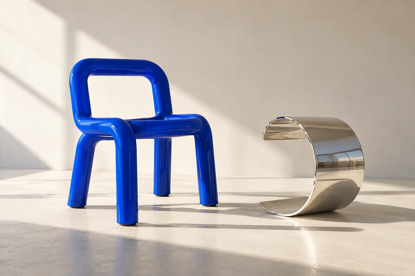 Studio visual study: a cobalt-blue sculptural chair and polished silver form in warm sunlight